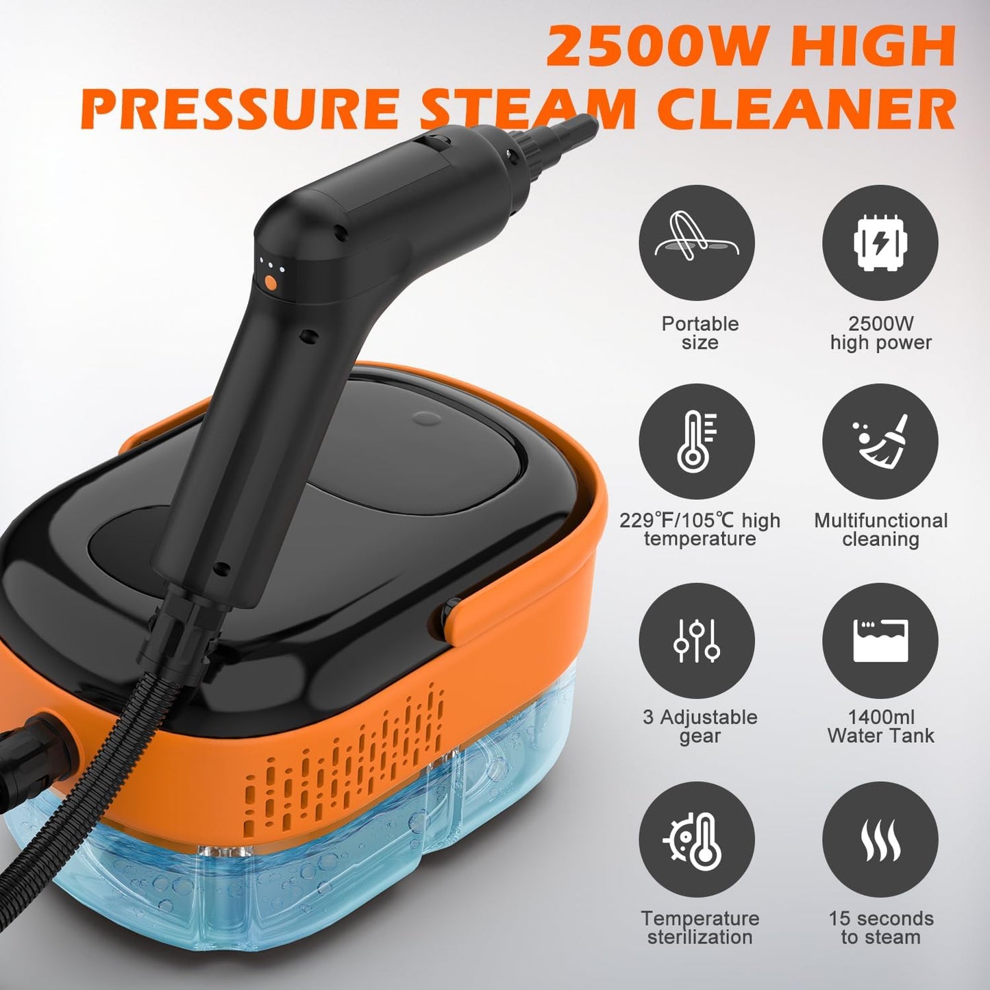 Steam Cleaner for Home & Car-2500W Portable Handheld Steamer for Cleaning with 3-Level Handle, 15s Heat-Up, Large Tank, 16 Accessories - Clean Grease, Grout, Tile, Floor, Couch, Dirt, Furniture