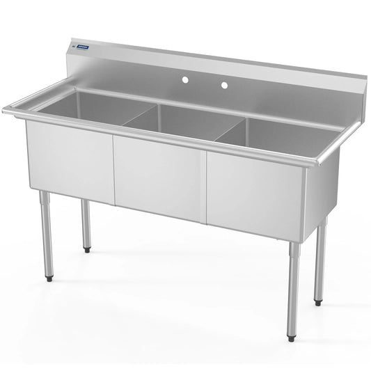 60" x 24" 3 comparent 304 stainless ste sink with backsplash