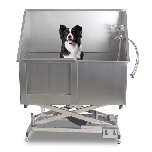 ee 50” dog washing station ecic height adjusent, stainless ste dog bathtub with so box, faet, professional dog bathing station for multiple pets